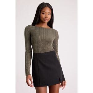 Lulus Gina Olive Green Shiny Velvet Long Sleeve Top - Size M